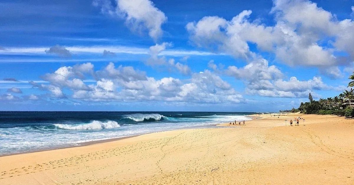 A wide view of Sunset Beach Park with golden sand, blue ocean waves, and a clear sky with fluffy clouds.